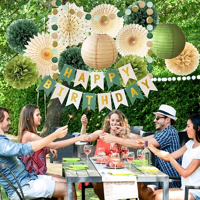 Green Birthday Party Decorations Olive Green Birthday Cream Tissue Pom Poms Paper Lanterns Circle Garland Hanging Paper Fans for Girls Women Neutral Boho Birth Day Decorations
