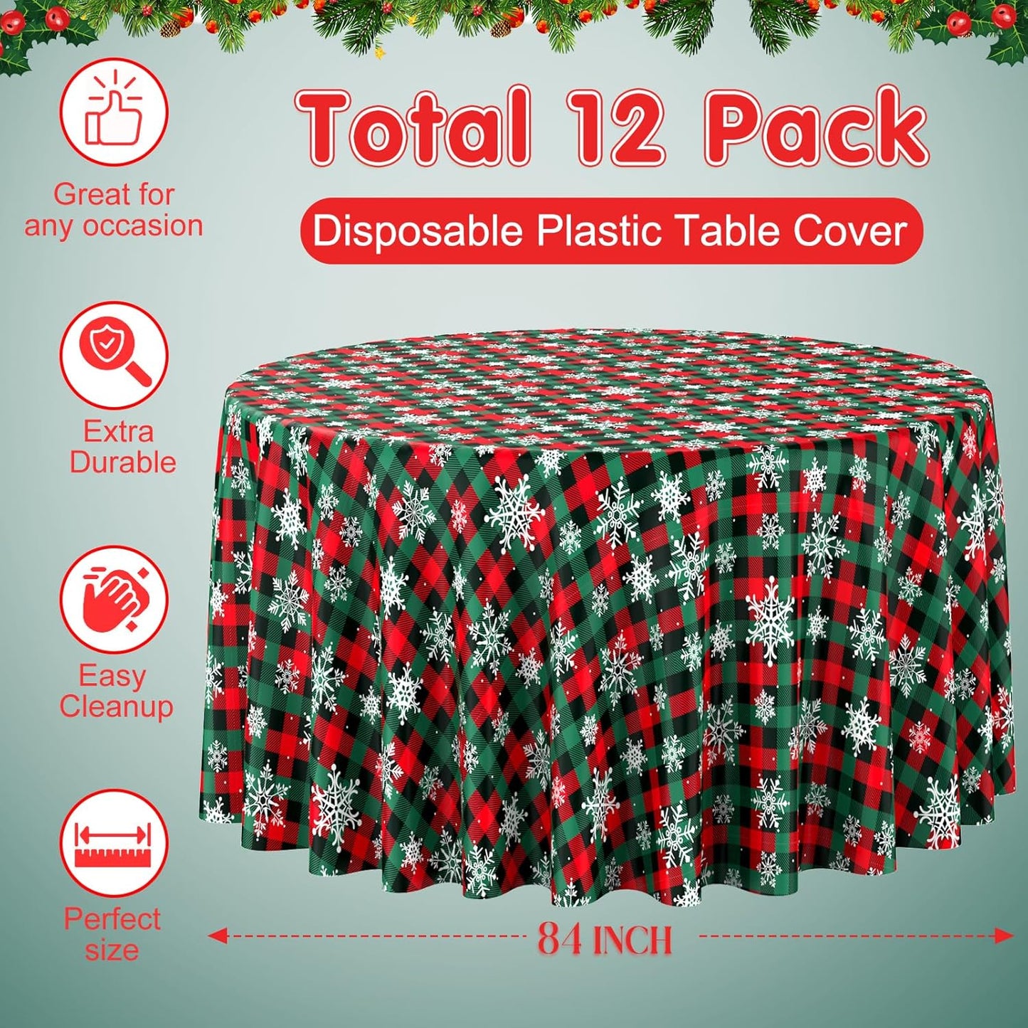 12Pcs Christmas Buffalo Plaid Snowflake Party Tablecloths Decorations,Plastic Red and Green Checkered Round Table Cover for Winter Christmas New Year Birthday Holiday Party Decorations,84 inch