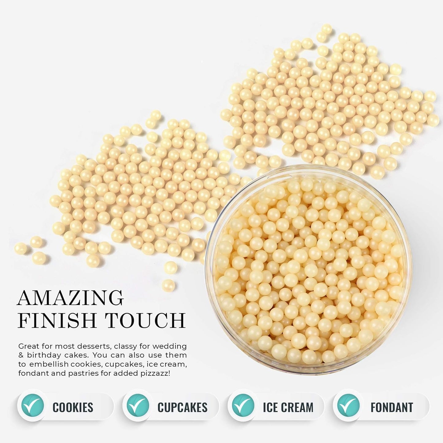 O'Creme Ivory Edible Sugar Pearls Cake Decorating Supplies for Bakers: Cookie, Cupcake & Icing Toppings, Beads Sprinkles For Baking, Certified, Candy Sugar Ball Accents (6mm, 32 Oz)