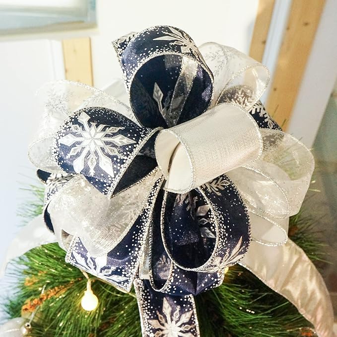 CT CRAFT LLC Blue Snowflake Christmas Tree Topper Bow 11" with 4 Ribbon Streamers x 3 Yards Long Each for Holidy Elegant Fancy Home Décor Indoor