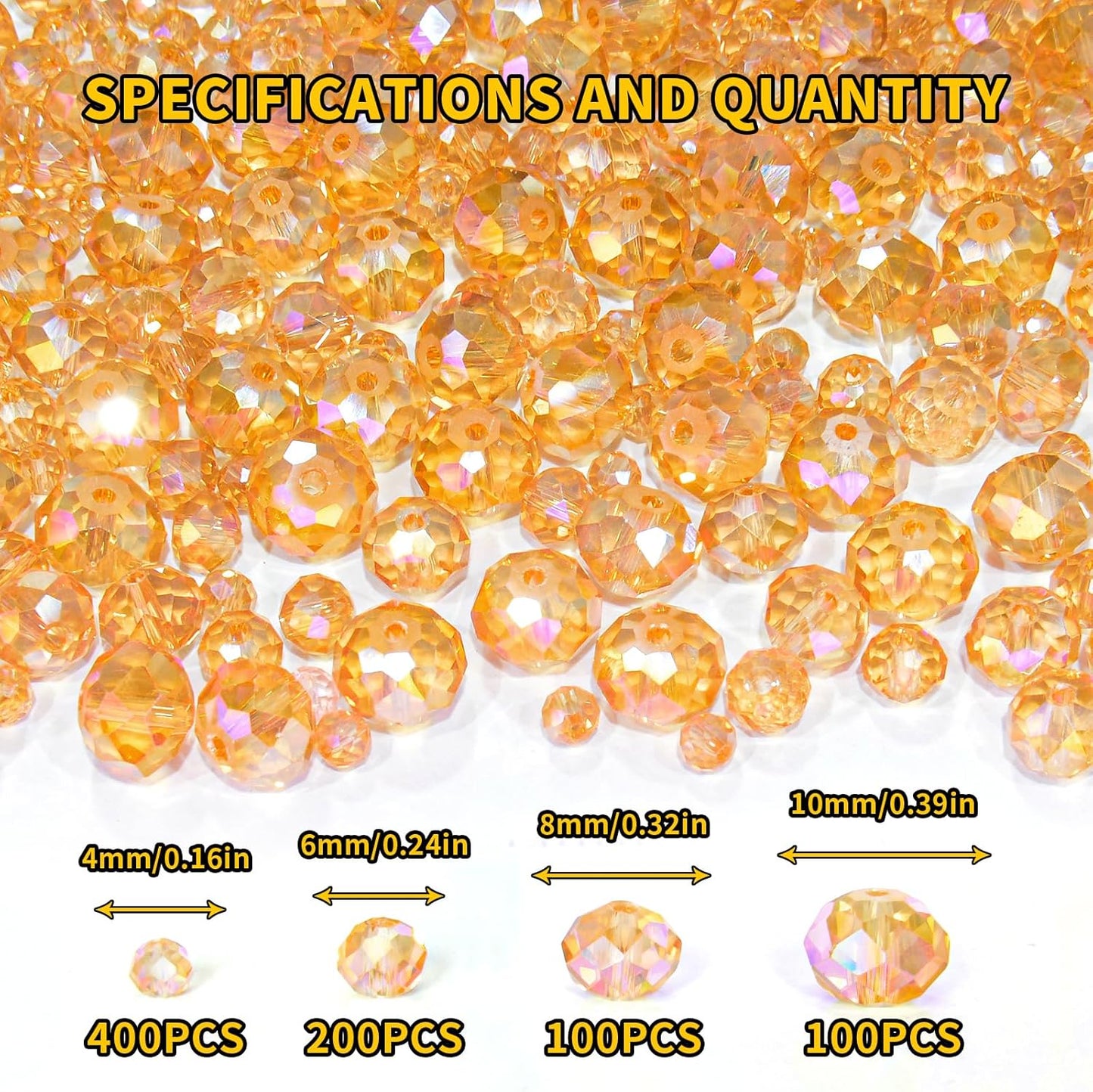 800Pcs 4/6/8/10mm Crystal Glass Beads for Jewelry Making Beads for Bracelets Necklace Pendants Making Supplies(Gold Champagne)