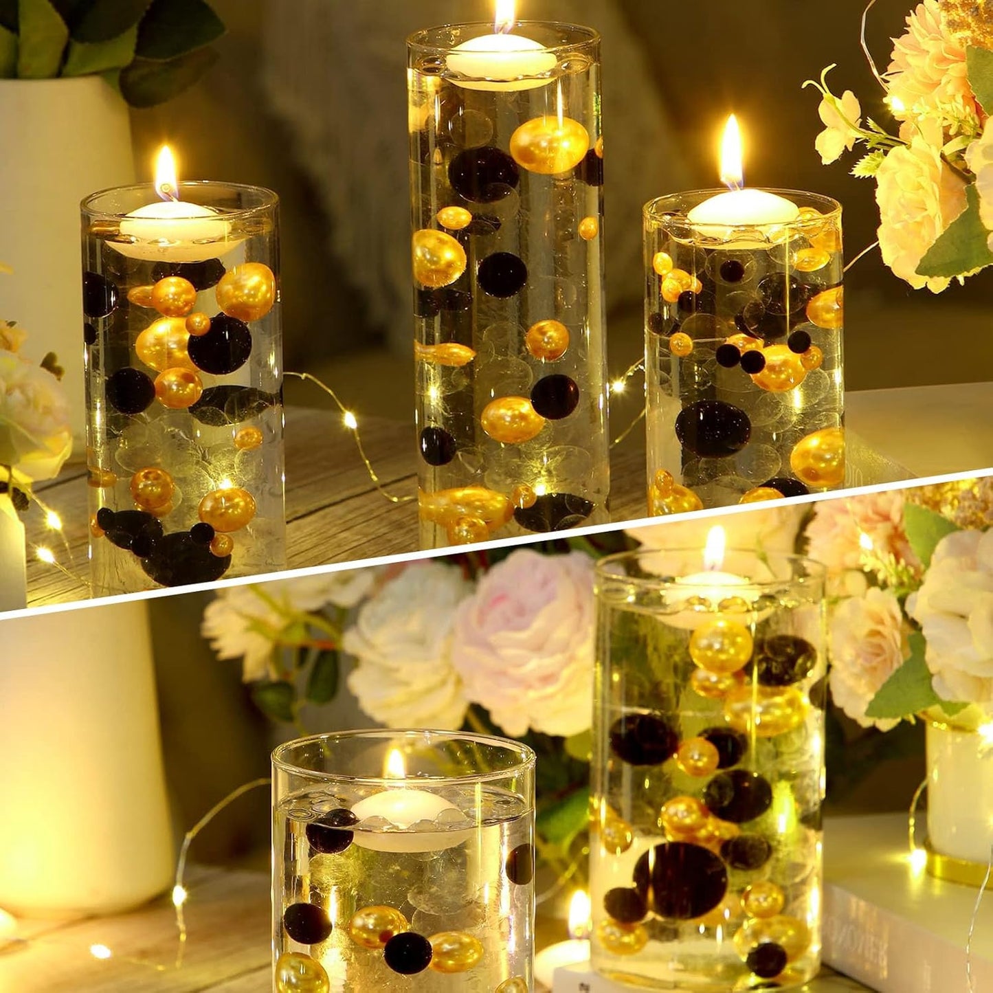 100PCS Black Gold Faux Pearls Beads for Centerpiece Vases, Vase Filler Faux Pearls, No Holes Filler Beads for Party Anniversary Graduation Table Decor, 14/20/30mm