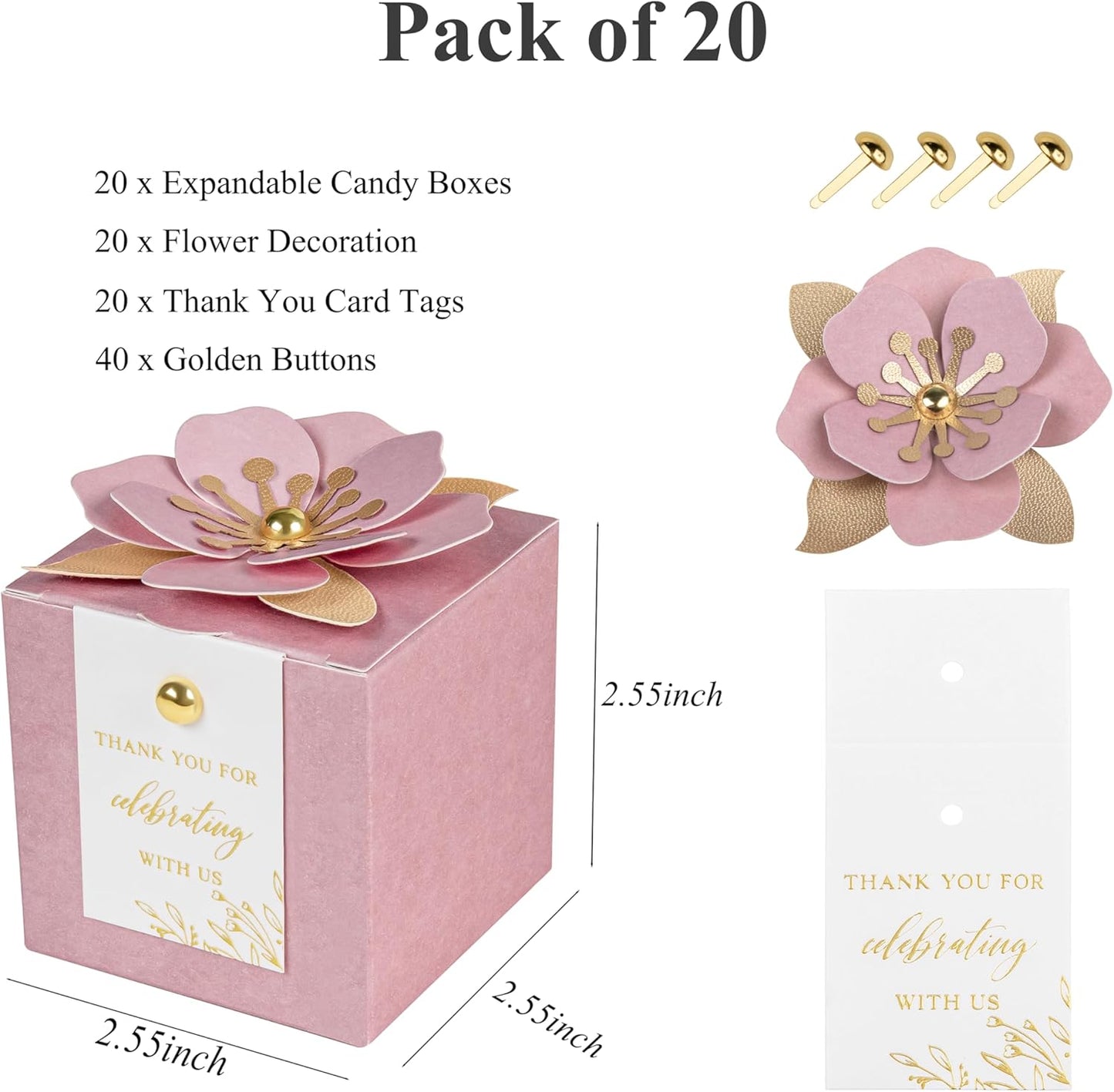 FEIYI 20 PCS Favor Boxes, 3 In 1 Dusty Rose Candy Boxes with Floral Decor, White Thank You Tags Gold Foil Print Gift wrapping for Wedding, Baby Shower, Birthday, Decorations Party - 2.55x2.55x2.55