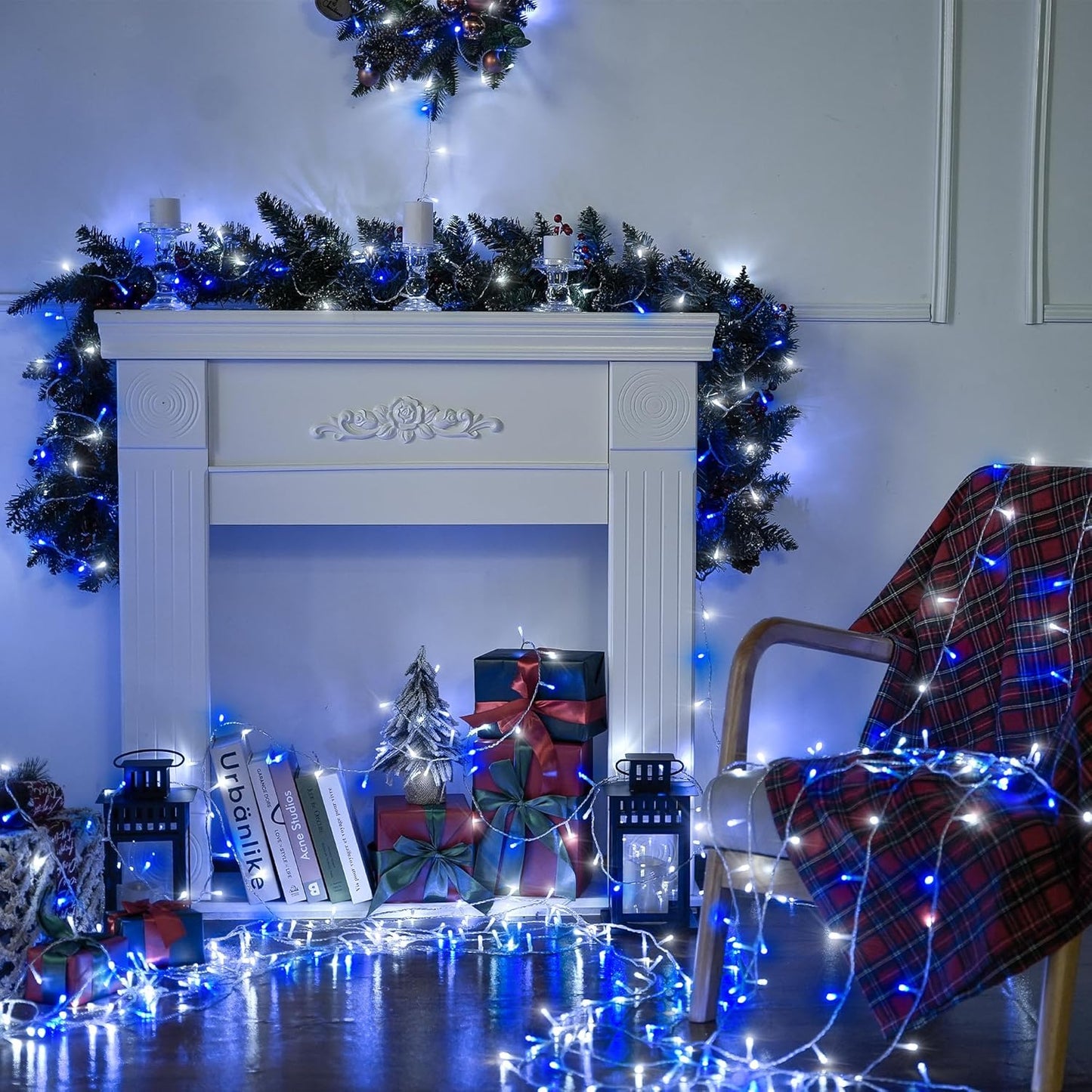 JMEXSUSS 500 LED Blue and White Christmas Lights, 8 Modes 163ft String Lights Plug in with Remote Control, Clear Wire Christmas String Lights Outdoor Waterproof for Outside Tree Yard Wedding