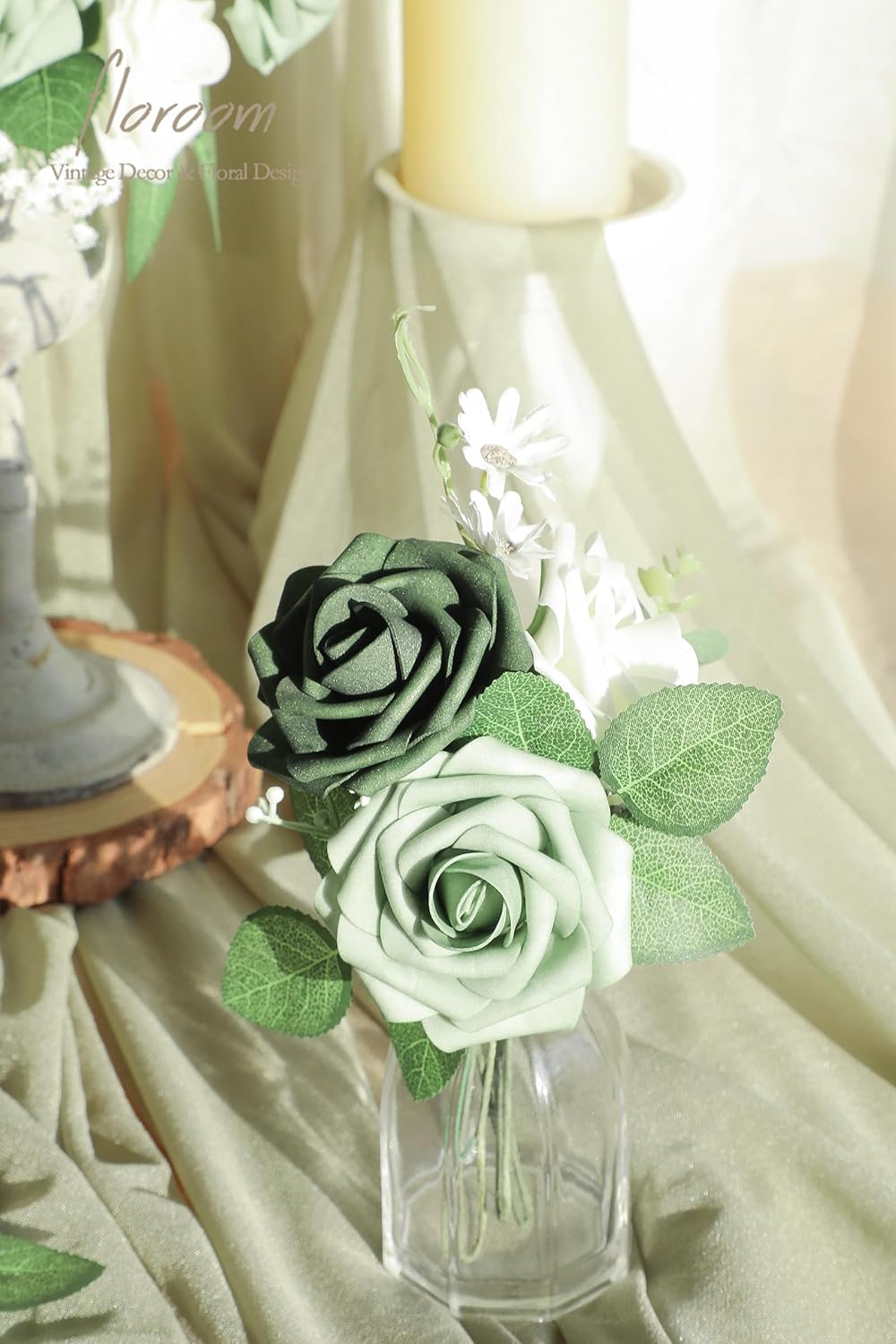 Floroom Artificial Flowers 25pcs Real Looking Sage Green & Emerald Green Foam Fake Roses with Stems for DIY Wedding Bouquets Bridal Shower Centerpieces Floral Arrangements Party Tables Decorations