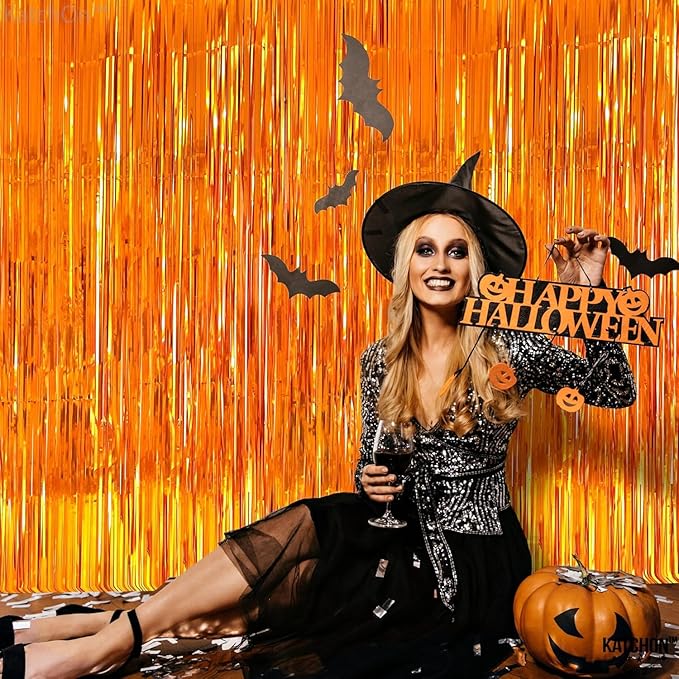 KatchOn, XtraLarge Orange Fringe Backdrop Curtain - 3.2x8 Feet, Pack of 2 | Orange Streamers for Christmas Decorations | Basketball Party Decorations, Birthday Decorations |