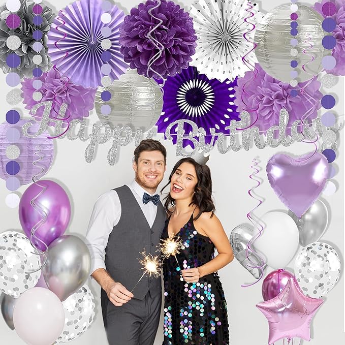 Purple Silver Birthday Party Decorations Kit with Happy Birthday Banner, Paper Lanterns, Streamers, Tissue Pom Poms, Honeycomb Flower Fans, Silver and Purple Balloons, & More for Women Girls' Party