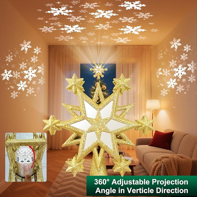 Christmas Star Tree Topper Lighted with 6 Projection Modes, 12-Pointed Star Christmas Tree Topper with Built-in LED Rotating Lights, Gold Christmas Tree Ornament for Xmas Holiday Decorations