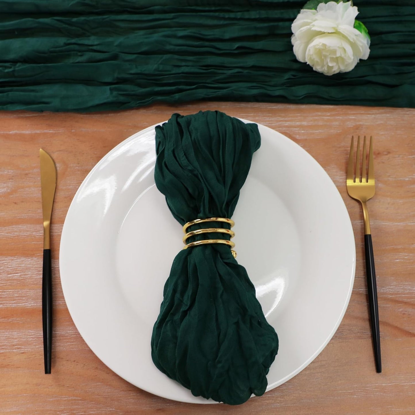 Snowkingdom 6 PCS Emerald Green Table Runner 120 Inch 10 Ft Rustic Boho Dark Green Cheese Cloth Runner for Wedding Bridal Baby Shower Birthday Party Christmas Sheer Gauze Home Table Centerpiece Deocr