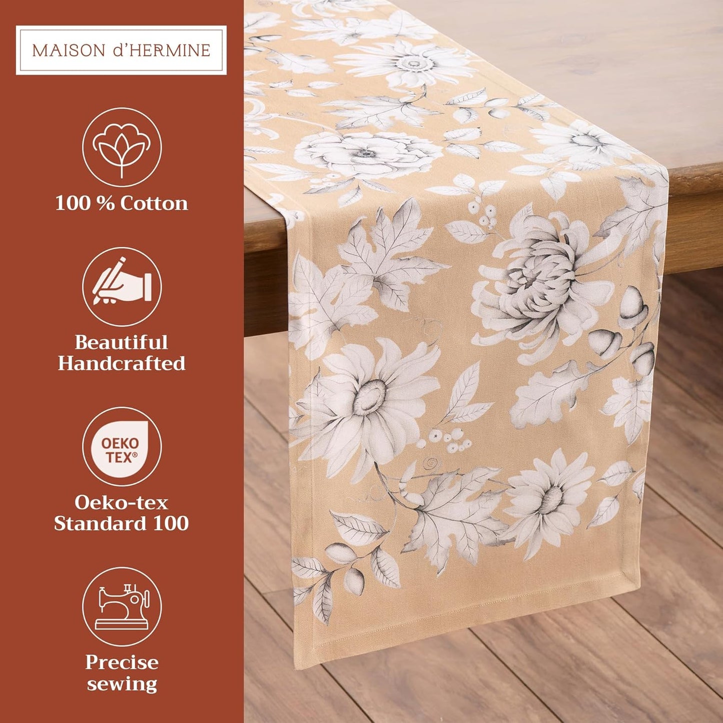 Maison d' Hermine Table Runner 100% Cotton Single Layer Table Runners 72 inches Long for Thanksgiving Christmas Decorations Home Kitchen Dining Party Wedding (Pretty Autumn, 14.5" x 72")