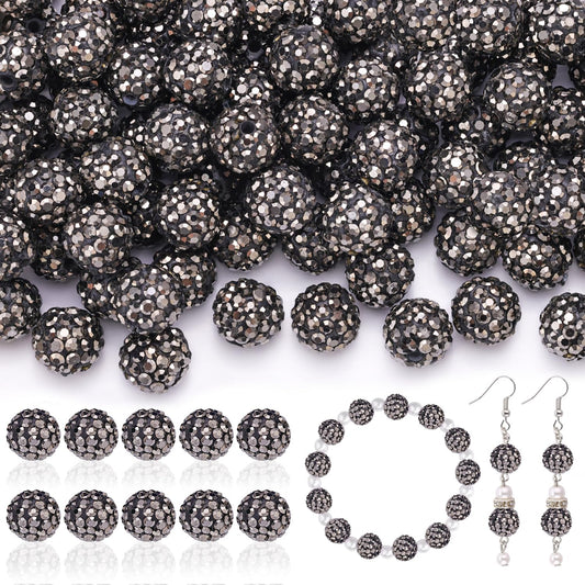 105pcs 10mm Rhinestone Beads for Jewelry Making, Hematite Shiny Round Disco Ball Beads Bulk, Sparkle Crystal Clay Christmas for Bracelet Baseball Necklace Earring Crafting and DIY