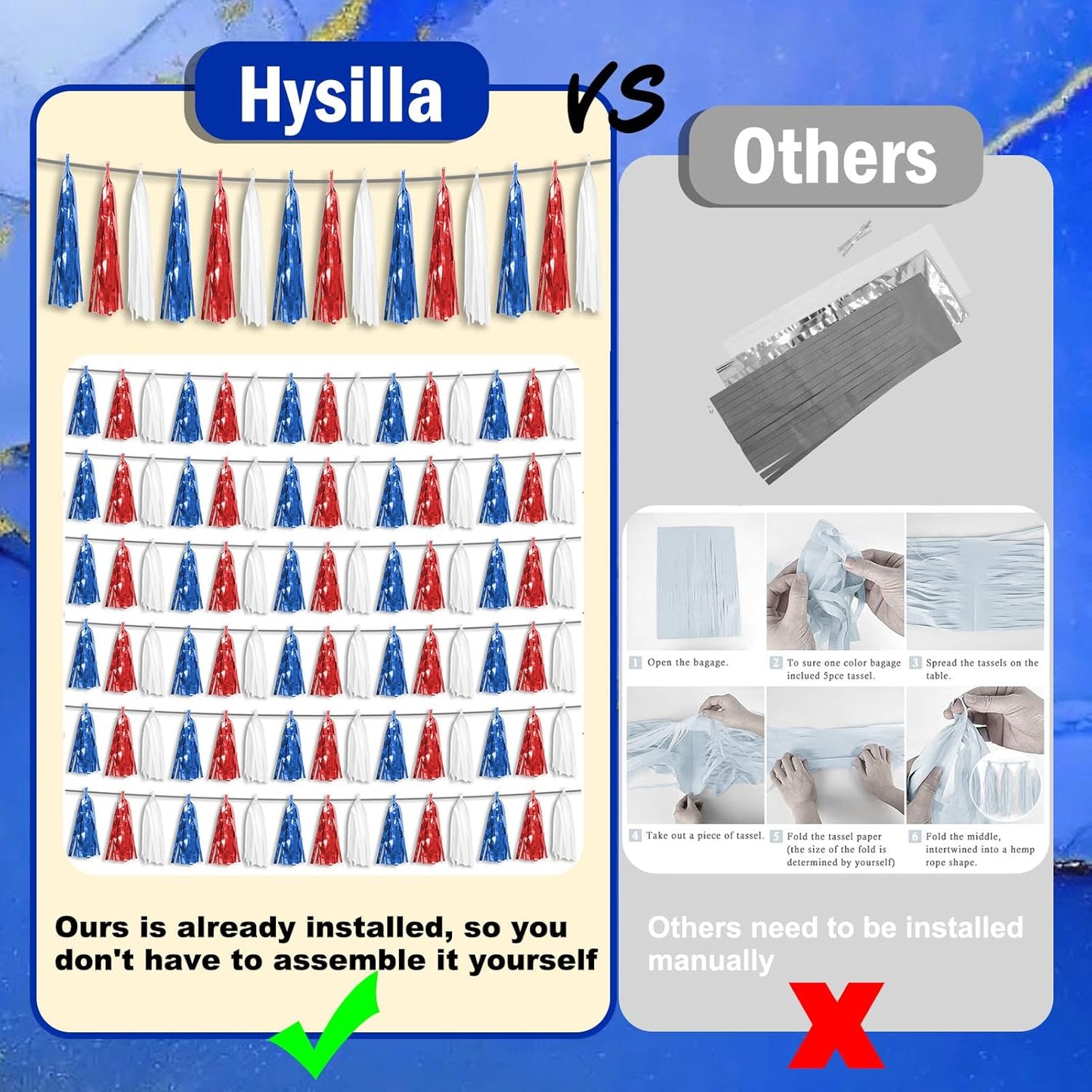 8P Red Blue White Foil Fringe Metallic Tassel Streamers Banner Tassel Garland for Parade Floats, Bachelorette, Wedding, Birthday, Halloween, Christmas, Bridal/Baby Shower Party Decorations