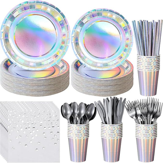 Iridescent Paper Plates and Napkins Set, Disposable Iridescent Paper Plates Cups Knives Spoons Fork Straw for Mermaid Birthday Wedding Party, Serve 100