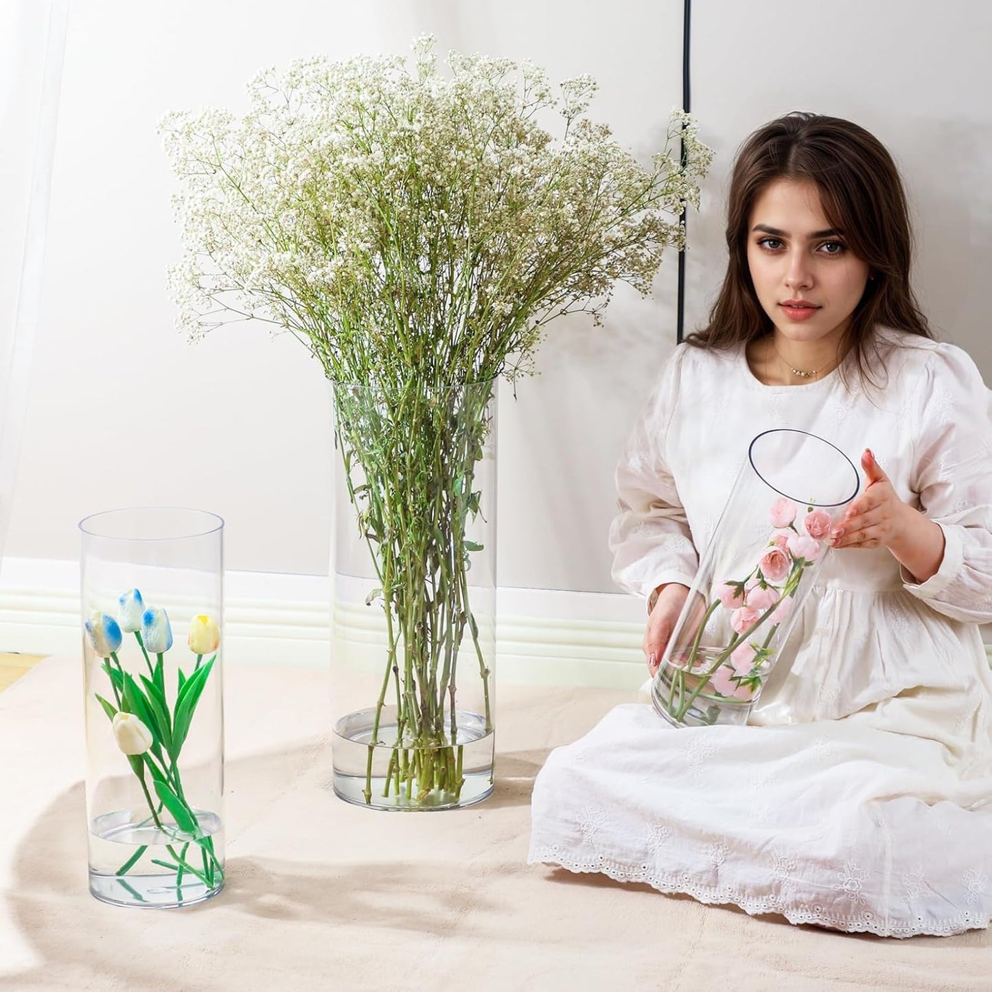 Extra Large Acrylic Cylinder Clear Vase for Floor, Tall Big Wide Mouth Plastic Unbreakable Hurricane Flower Vases of 3 for Home Decor (D 8" X H 19.7", D 6", D 4.8" + 2 Holder)