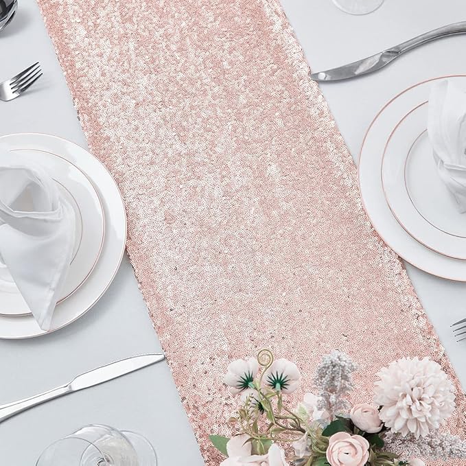 6 Packs 12 x 72 inches Rose Gold Sequin Table Runner, Glitter Runner for Birthday Party Supplies Decorations Wedding Bachelorette Holiday Celebration Bridal Shower Baby Shower