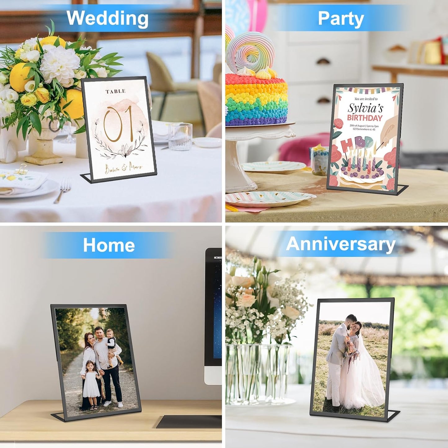EHWINE 12 Pack Acrylic Sign Holder 8.5 x 11, Black Picture Frame Stand up Table Top Sign Holders, Slanted Back Paper Holder Clear Display Stand Menu Flyer Holder for Wedding Party