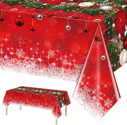 1Pieces Merry Christmas Tablecloth Plastic Christmas Tree Ball Table Cover Rectangle Winter Snowflake Tablecloth for Merry Christmas Holiday New Year Eve Party Decorations Supplies,54x108inch