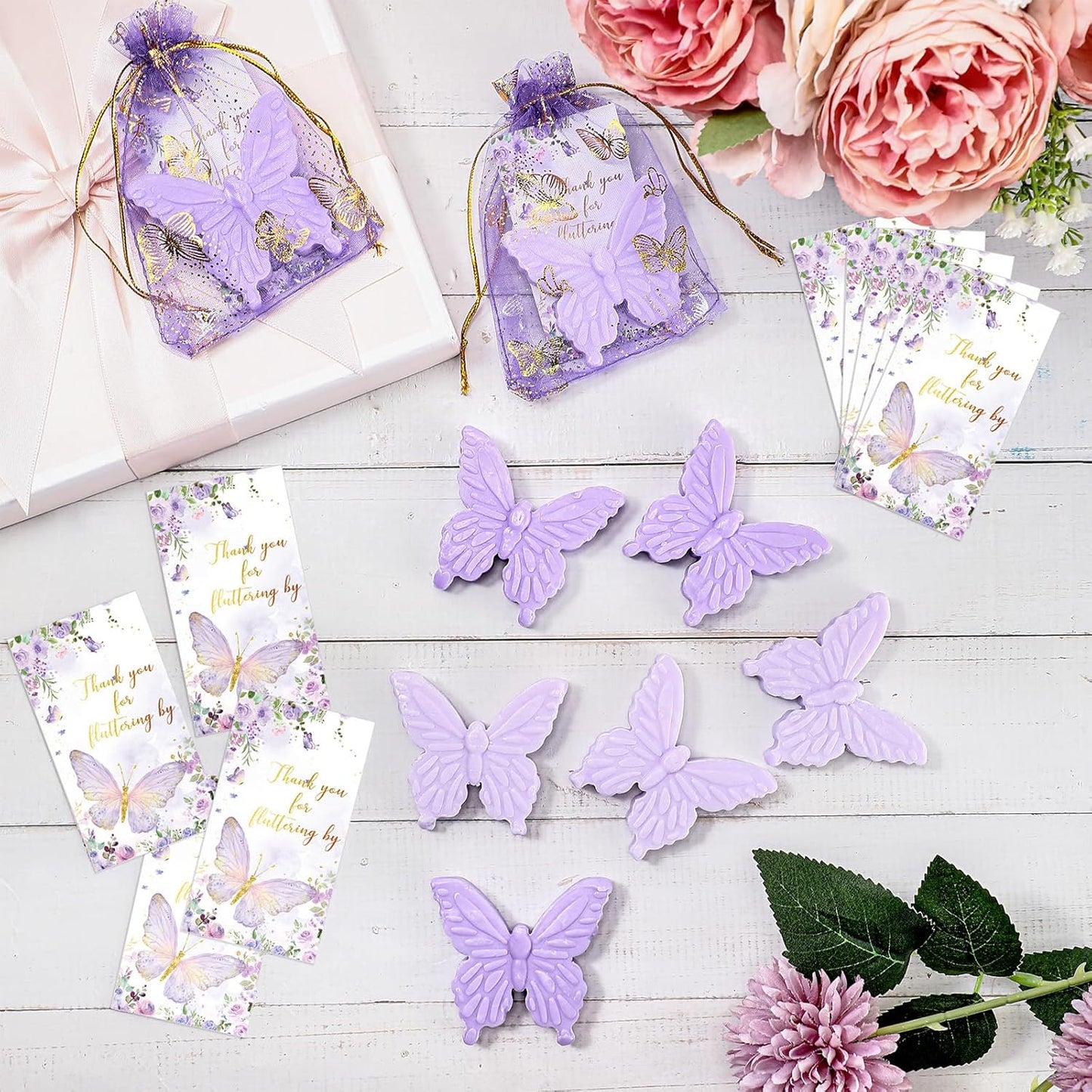 Dunzy 50 Set Butterfly Theme Baby Shower Favors for Guests Butterfly Soap Favors with Thanks You Cards Gift Bags Gender Reveal Baptism Party Decorations Wedding Bridal Souvenirs (Purple,Light Purple)