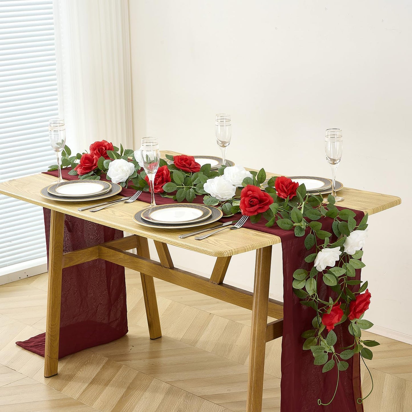 Artificial Rose Garlands Red Rose Vines Leaves Banners Hanging Floral Garland Fake Rose Flower Vine Wall Decorations