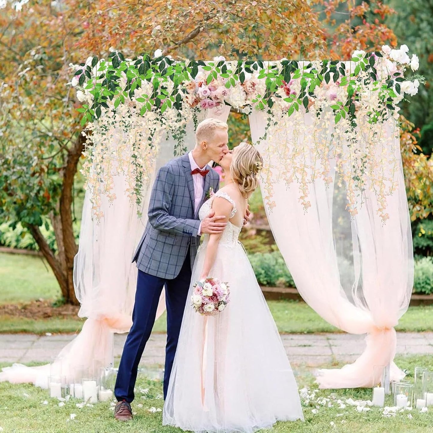 24 Pack Champagne Pink Wisteria Hanging Flowers, 3.44 Ft Fake Hanging Flowers, Artificial Wisteria Garland Vines for Wedding Room Backdrop Outdoor Patio Garden Decoration