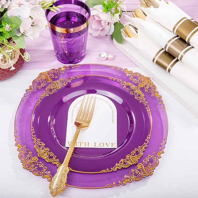 Hioasis 210pcs Purple and Gold Plates - Purple Party Plates for 30 Guest, Include 60 Heavy-duty Plates(20% Thicker Than Standard), 30 Pre Rolled gold Plastic goldware Set, 30 Cups
