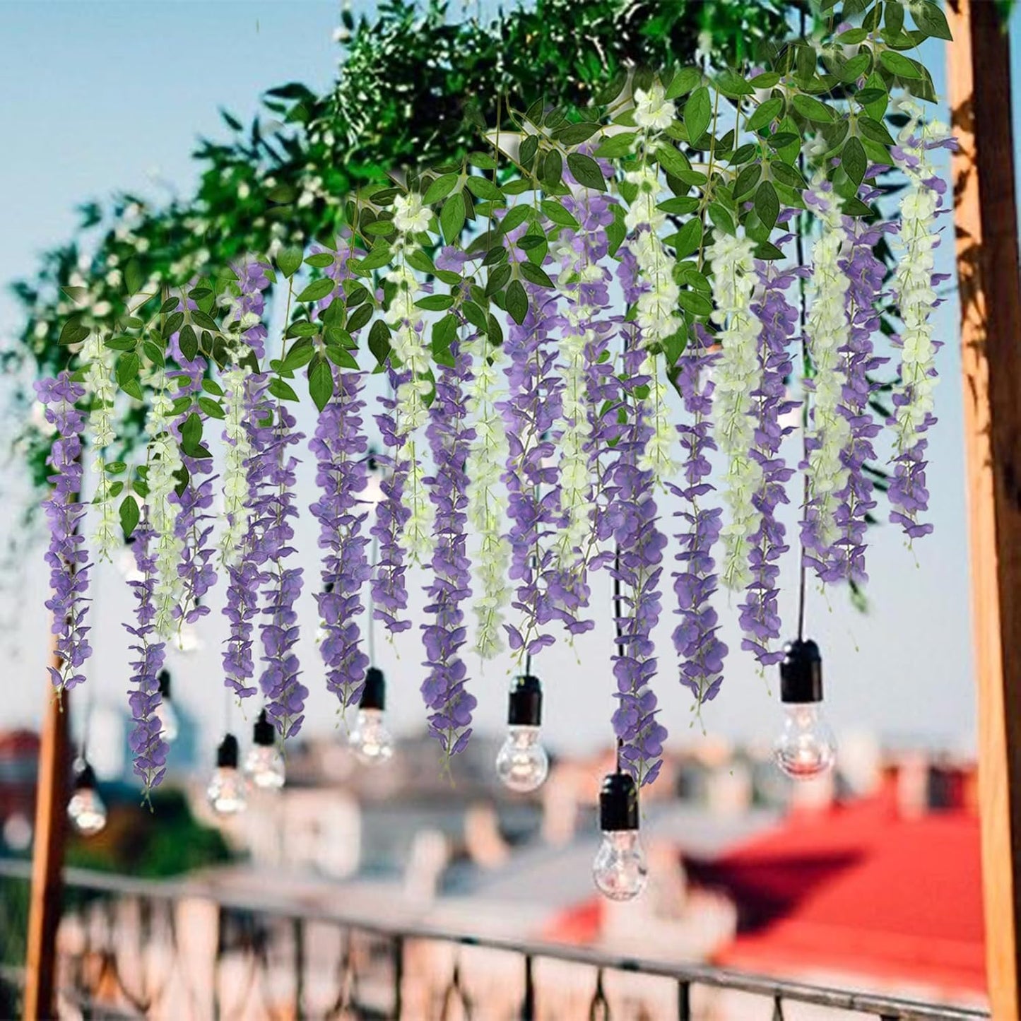 24 Pcs of Wisteria Hanging Flowers, 3.75 Feet Fake Wisteria Flower Strings, Artificial Wisteria Flowers Hanging Garland for Backdrop, Wedding, Ceremony,Garden and Home Wall Decoration (Dark Purple)