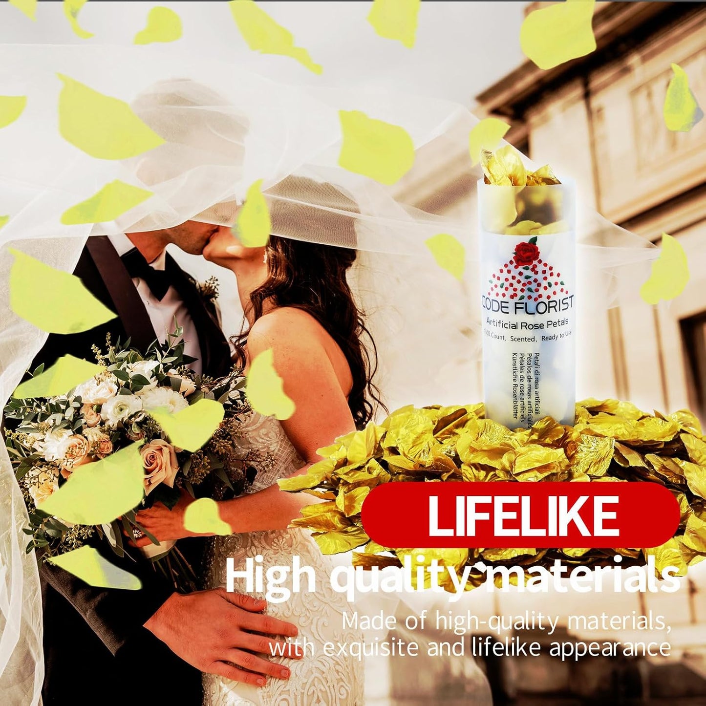 CODE FLORIST 1100 PCS Silk Rose Petals for Valentine's Day,Fake Rose Petals for Romantic Night,Wedding,Proposal Anniversary Flower Decorations(Separated,Scented,Gold)