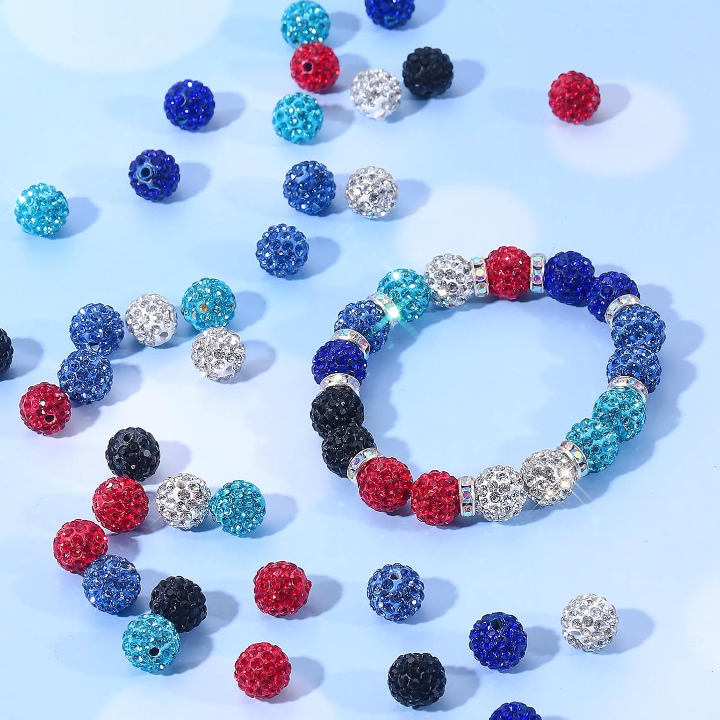 240pcs 10mm Rhinestone Beads for Crafting, Sparkle Clay Beads Crystal Disco Ball for DIY Jewelry Making Bracelet Necklace Earring and Independence Day Decorations Clay Rhinestone Red and Blue Series