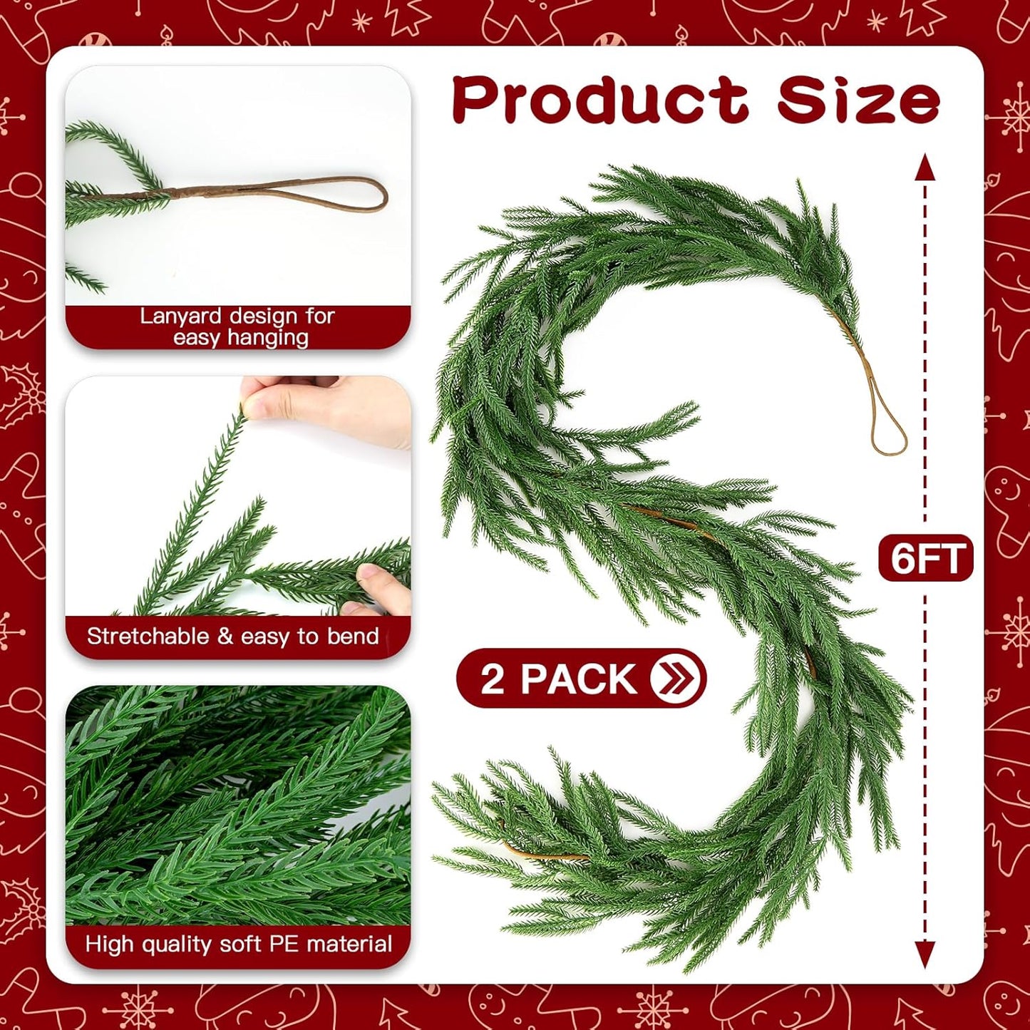2Pcs 6ft Artificial Norfolk Pine Garland,Christmas Garland Greenery Garland for Mantle, Fireplace, Table, Wall, Window, Bedroom, Indoor Outdoor Holiday Winter Christmas Decorations (2, 6FT)