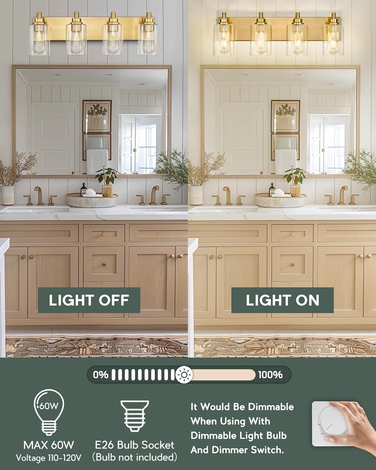 4-Light Bathroom Light Fixtures, Brushed Gold Vanity Light with Cylinder Clear Glass Shade, Modern Vanity Lighting Fixtures Over Mirror, VL143-BG-4