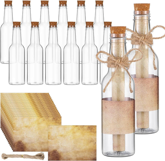 Baderke 12 Pcs 5.6 oz Message Bottles with Letter Printer Paper Plastic Bottles & Corks Twines for Message Invitations Birthday Wedding Baby Shower DIY Crafts Gift Party Favors (Vintage)
