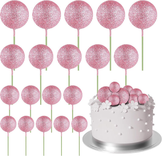 ASTARON 20 Pcs Mini Balloons Cake Topper Sticks Pink Glitter Balls Cake Picks for Wedding & Birthday