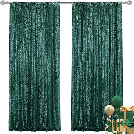 Dark Green Sequin Backdrop Curtain 2 Pieces 2FTx8FT Glitter Photography Backdrop for Party Wedding Birthday Christmas Decorations