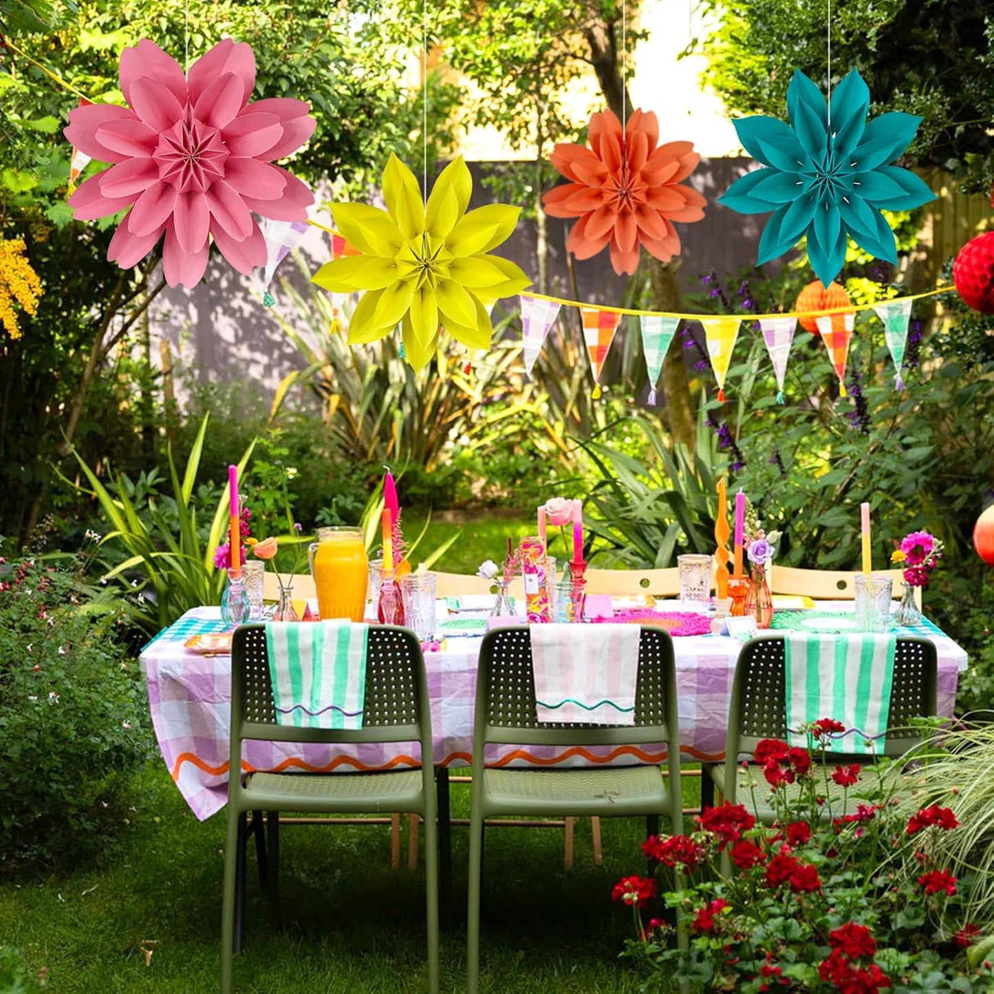 ADLKGG Hanging Colorful Paper Flower Fans Decorations, Flower Paper Fan Event Accessory for Tea Party, Wall Background Birthday, Wedding, Summer Party, Classroom Decor, Nursery Decoration, Set of 4