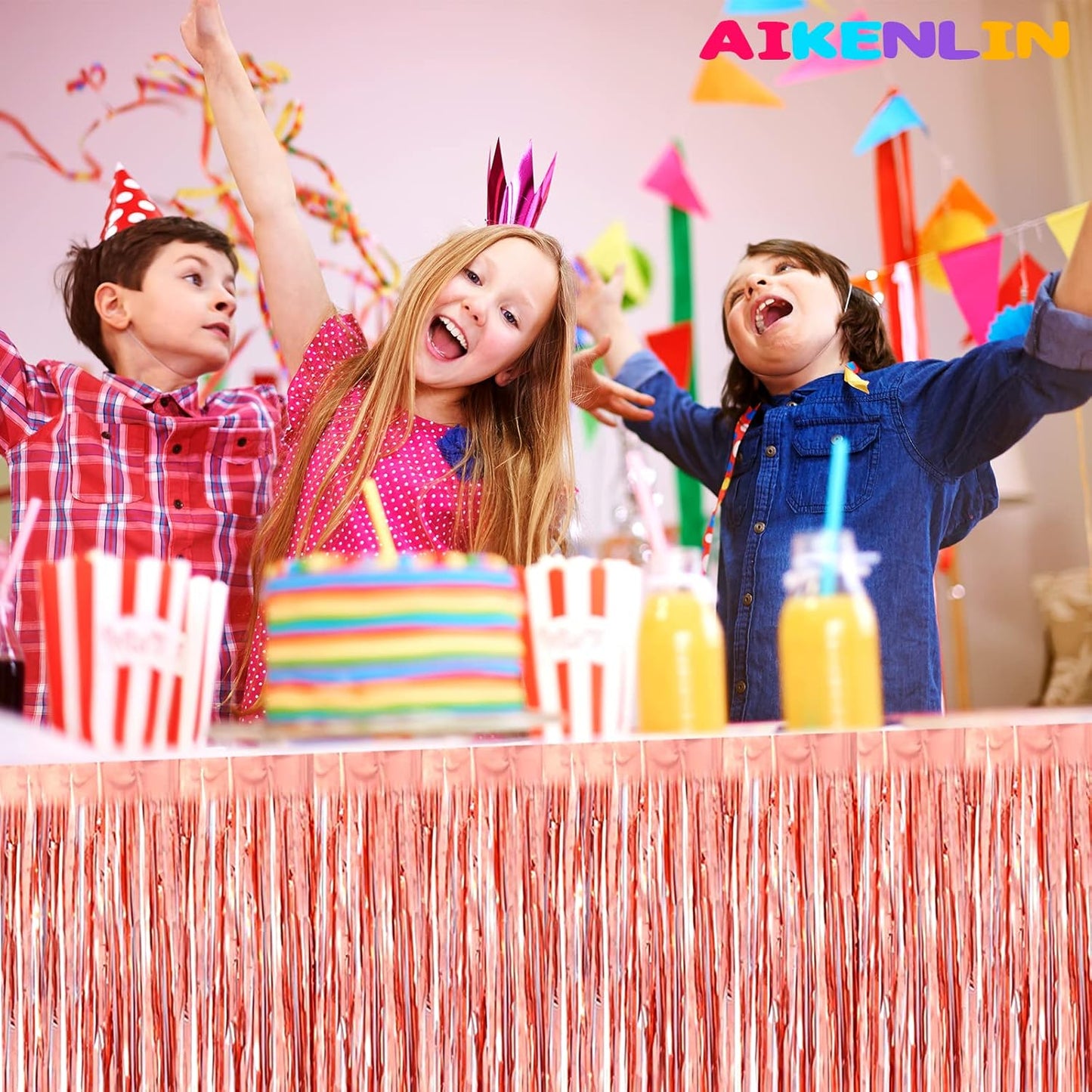 6 Pack 29x108 Inch Metallic Foil Fringe Tinsel Table Skirts Banner for Rectangle Tables Streamer Garland Curtains Backdrop for Wedding, Birthday, Parade Floats, Christmas Party Decoration(Rose Gold)