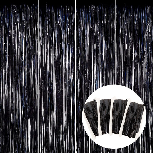 BEISHIDA 4 Pcs Black Door Streamers Tinsel Curtain Party Streamers Backdrop Fringe Foil Wall Background for Birthday Halloween Christmas Wedding Party Decoration(3.28 ft x 6.56 ft)