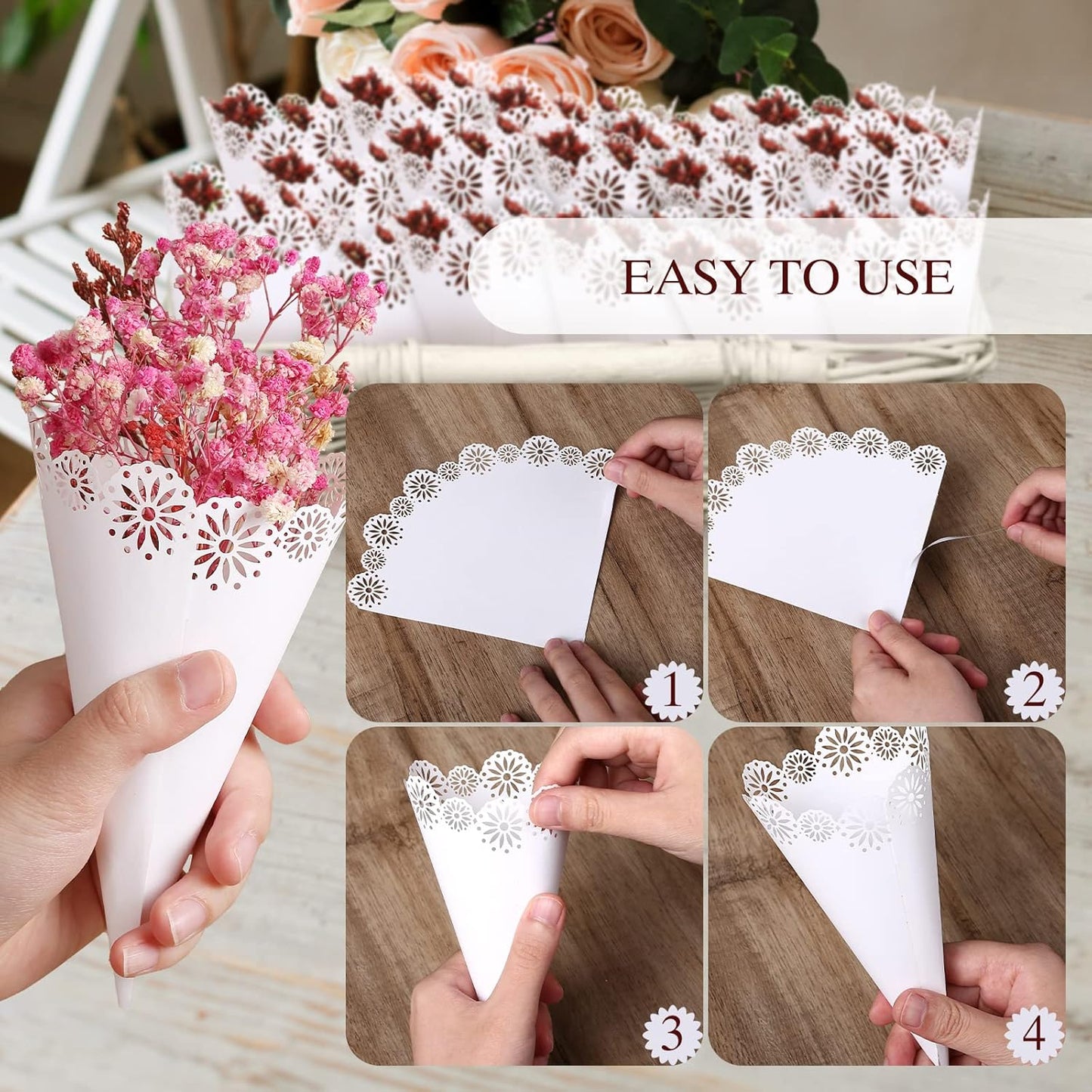 Yinsun 60pcs Wedding Confetti Cones White Hollow Paper Cone, Flower Pattern Confetti Lace Paper for Small Bouquet Rose Petal Candy Wedding Party