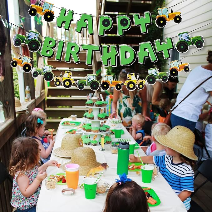 SUNBEAUTY Green Tractor Happy Birthday Banner Set with Tractor Garland Banner for Tractor Farm Themed Birthday Party Supplies Decorations | Pre-Strung