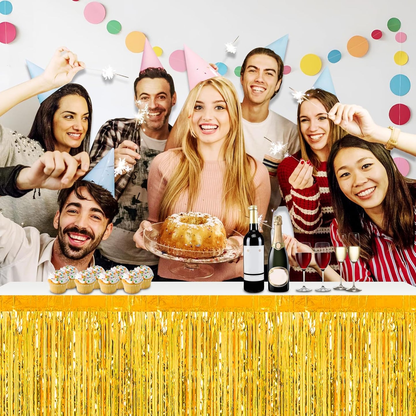 3 Pack 29x108 Inch Gold Foil Fringe Table Skirts Metallic Banner for Tinsel Streamer Garland Backdrop for Parade Floats Wedding Thanksgiving Birthday Christmas Halloween Party Decoration