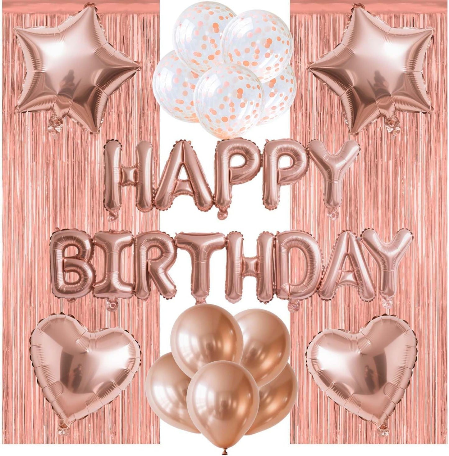 29 Pcs Rose Gold Birthday Party Decorations - Happy Birthday Balloons Banner, Heart & Star Foil Balloons, Confetti & Latex Balloons, Foil Fringe Curtains Party Supplies for Women, Girls
