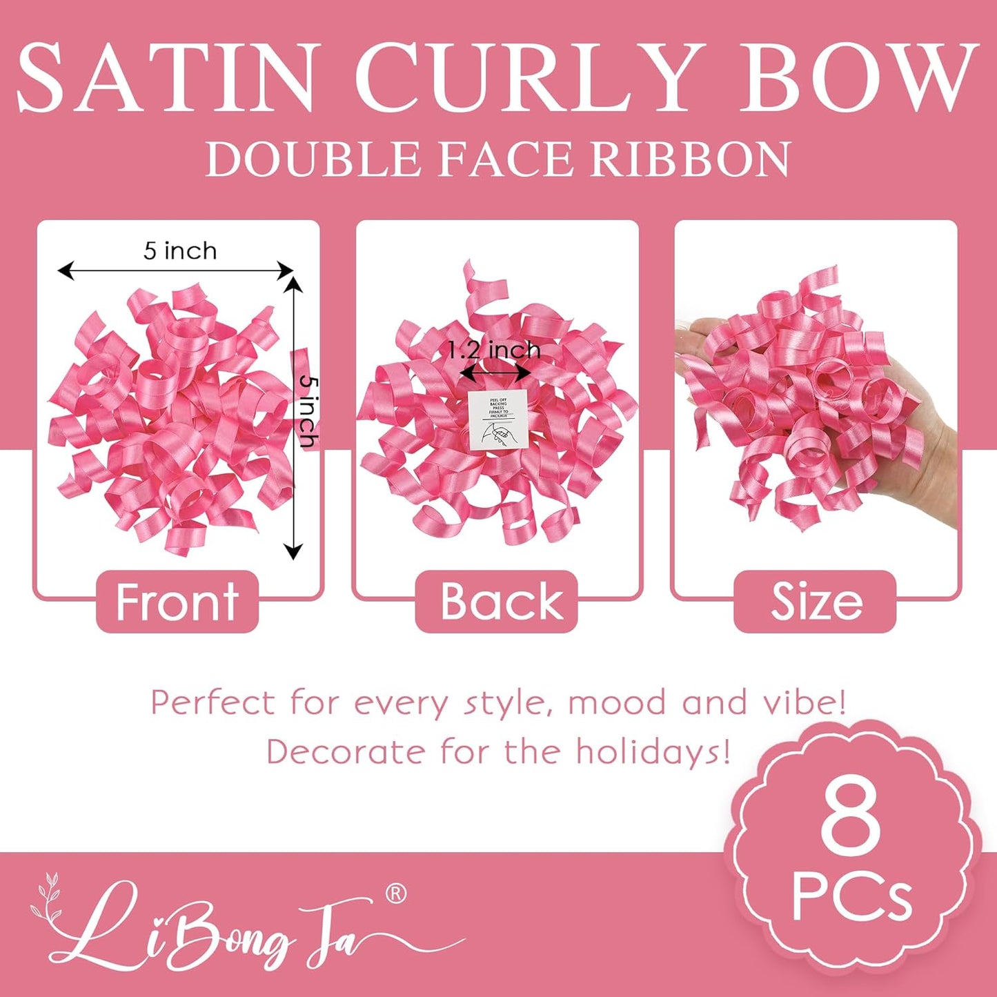 5'' Hot Pink Gift Bow Curly Ribbon Bows Set of 8, Double Faced Satin Ribbon Bow Premade Self Adhesive Bow Decorations for Party, Wedding, Holiday, Gift Bows for Crafts, Wine Bottle, Presents
