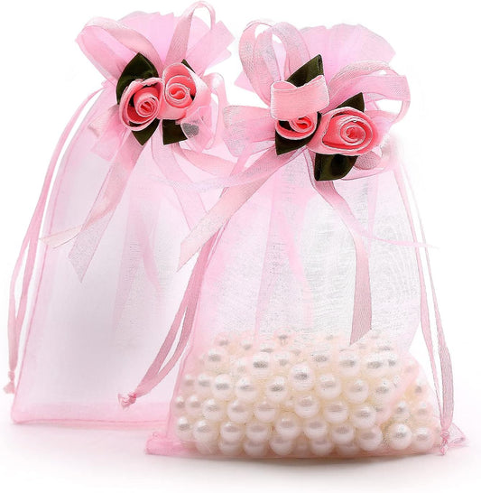 SumDirect Rose Organza Gift Bags - 50Pcs 4x6 inch Pink Wedding Favor Gift Bags, Jewelry Pouches with Drawstring for Party Wedding Christmas Valentine