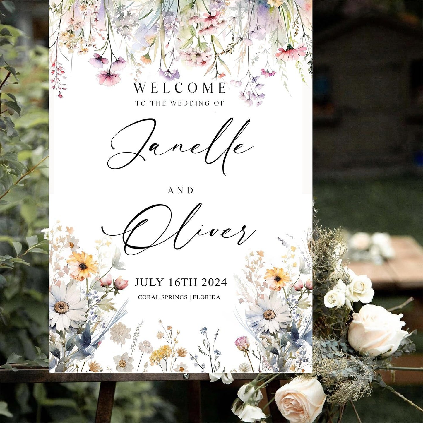 Generic Wildflower Welcome Sign, Wedding Welcome Sign, 12x18, 18x27, 24x36 Inches, Plastic, Rustic, Warm