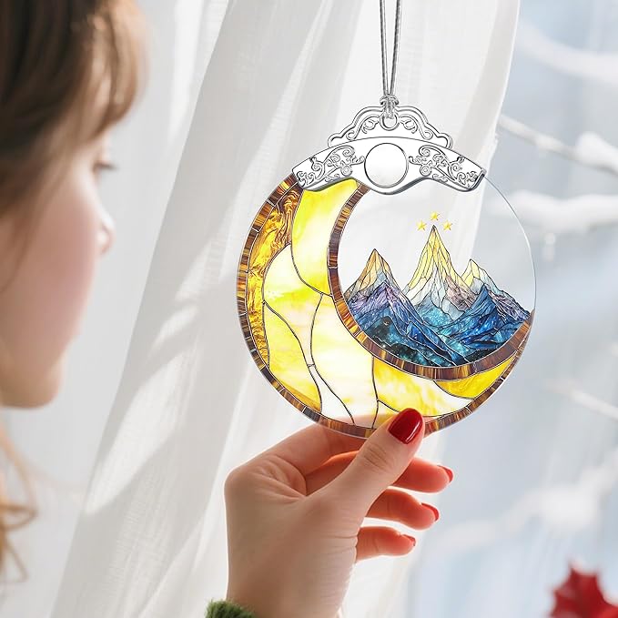 Christmas Ornaments: Stained Glass Ornament, Christmas Tree Ornament, Hanging Ornaments for Home Decor & Xmas Tree Decorations – Holiday Decor, Holiday Present - Mountains & Moon