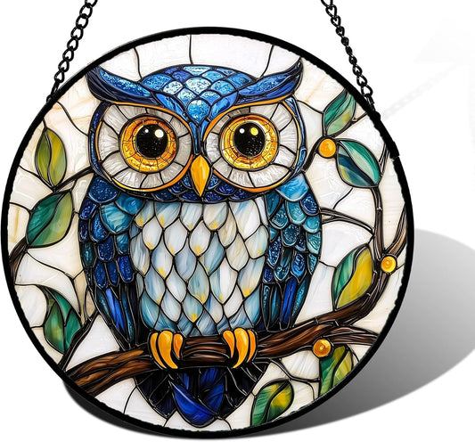 Stained Glass Window Hanging, Owl Gifts for Women Sun Catchers Diamond Glass Panel Hangings Birds Suncatcher Decor for Birthday for Women, Men, Wife, Aunt, and Mom 11.8x11.8 in