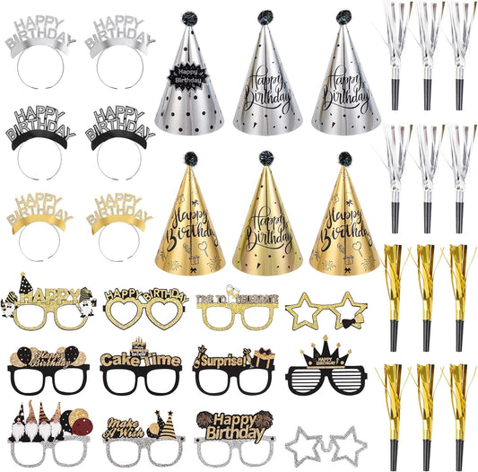 36 Pcs Black Golden Birthday Party Hats Set Includes 6 Party Cone Hats 6 Birthday Headband 12 Paper Glasses 12 Noise Makers Party Favors for Baby Shower Photo Booth Props