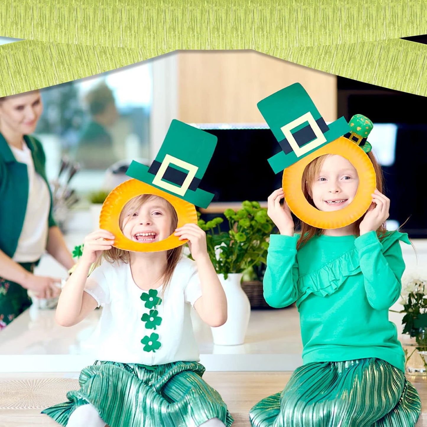 10 Pack 10 Feet Foil Fringe Garland Metallic Tinsel Streamers Banner Wall Hanging Curtain Backdrop for Parade Floats, Wedding, Disco, Birthday, St Patrick Day, Christmas Party Decorations(Light Green)