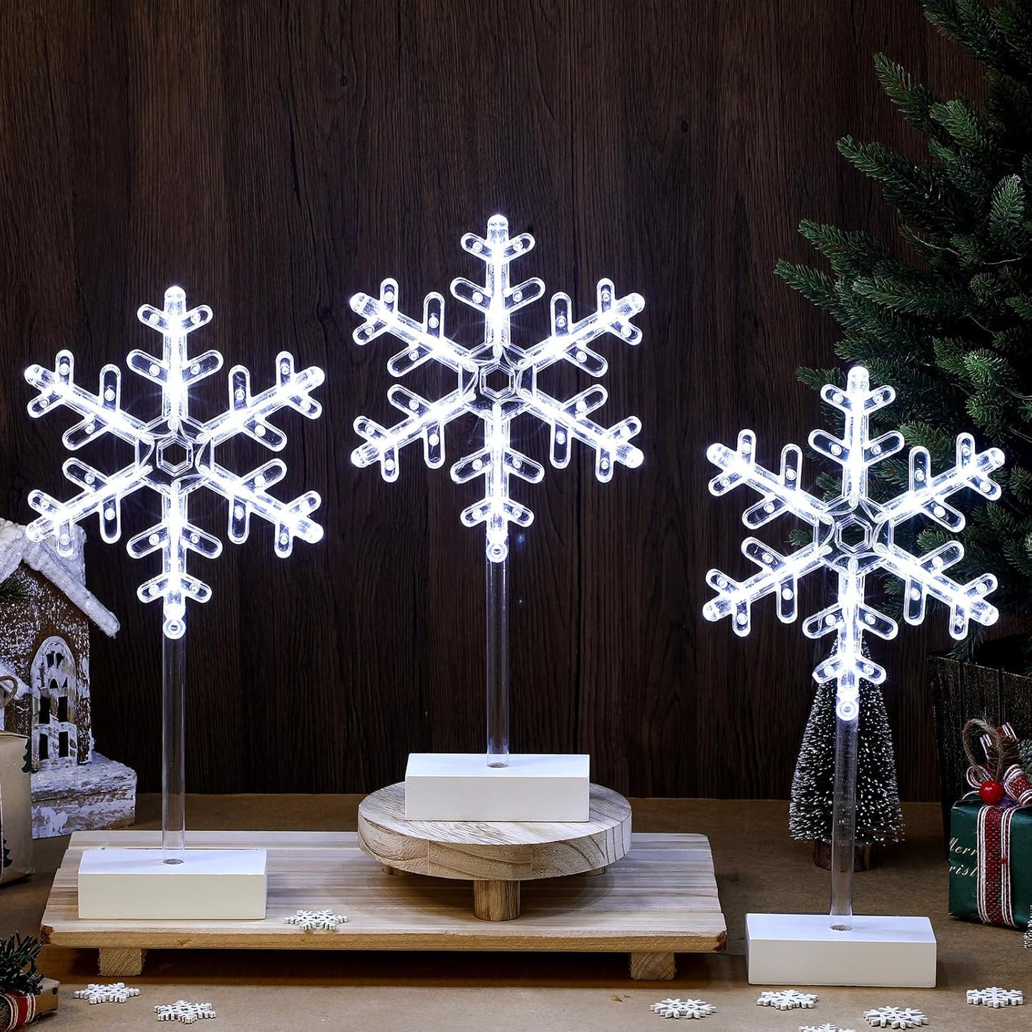 Riakrum 3 Pcs Lighted Christmas Tabletop Decorations Snowflake Table Decor Xmas Night Lights Battery Operated Christmas Centerpiece Lights Indoor for Holiday Winter Party Desk