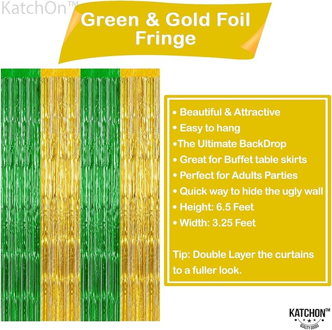 KatchOn, Green and Gold Foil Fringe Curtains - 6.5x6.5 Feet | St Patricks Day Backdrop for St Patricks Day Decorations