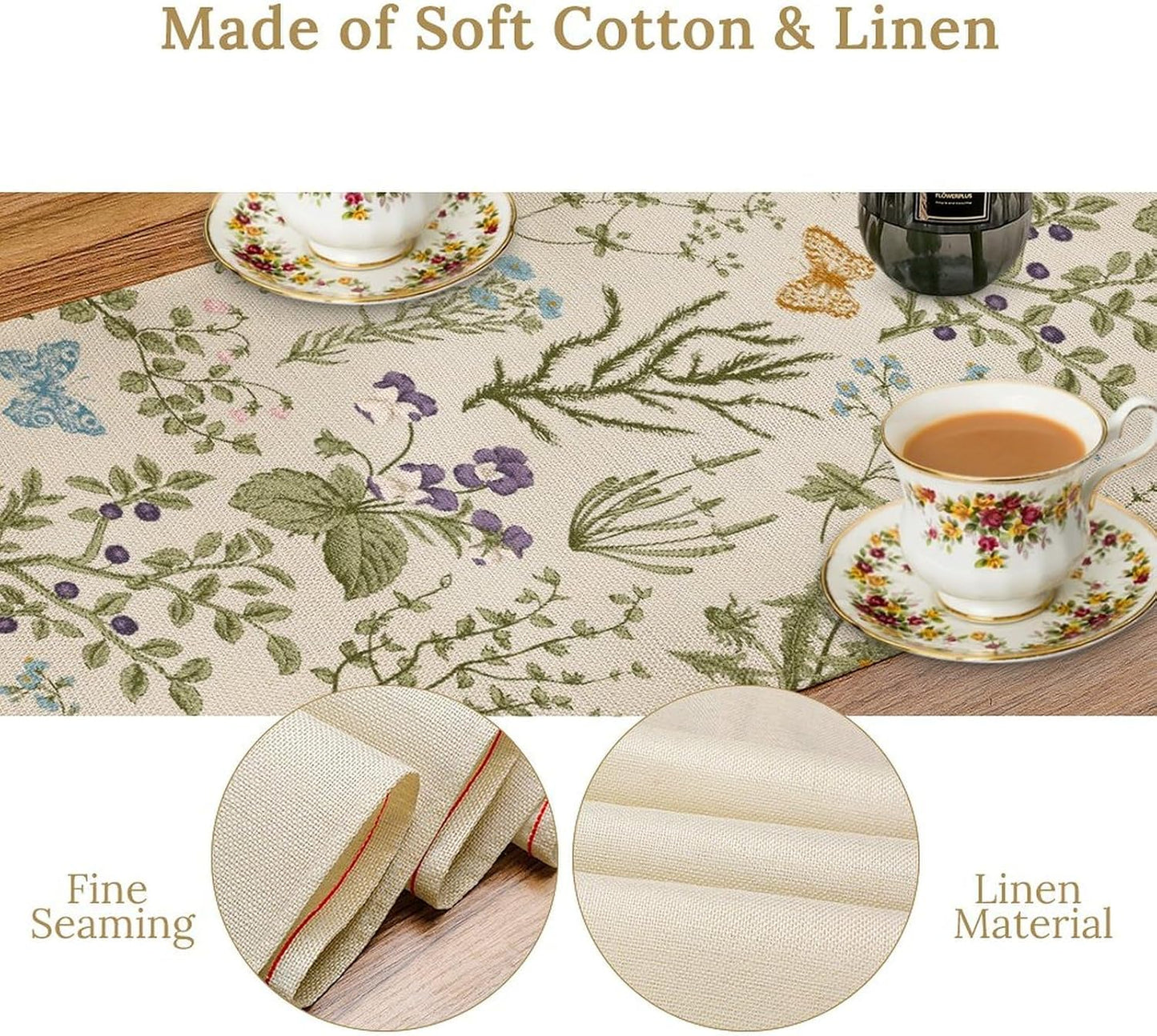 Floral Table Runner,Wildflower Spring Table Runner Seasonal Summer Butterfly Kitchen Dining Table Decoration for Home Party 13x90 Inch